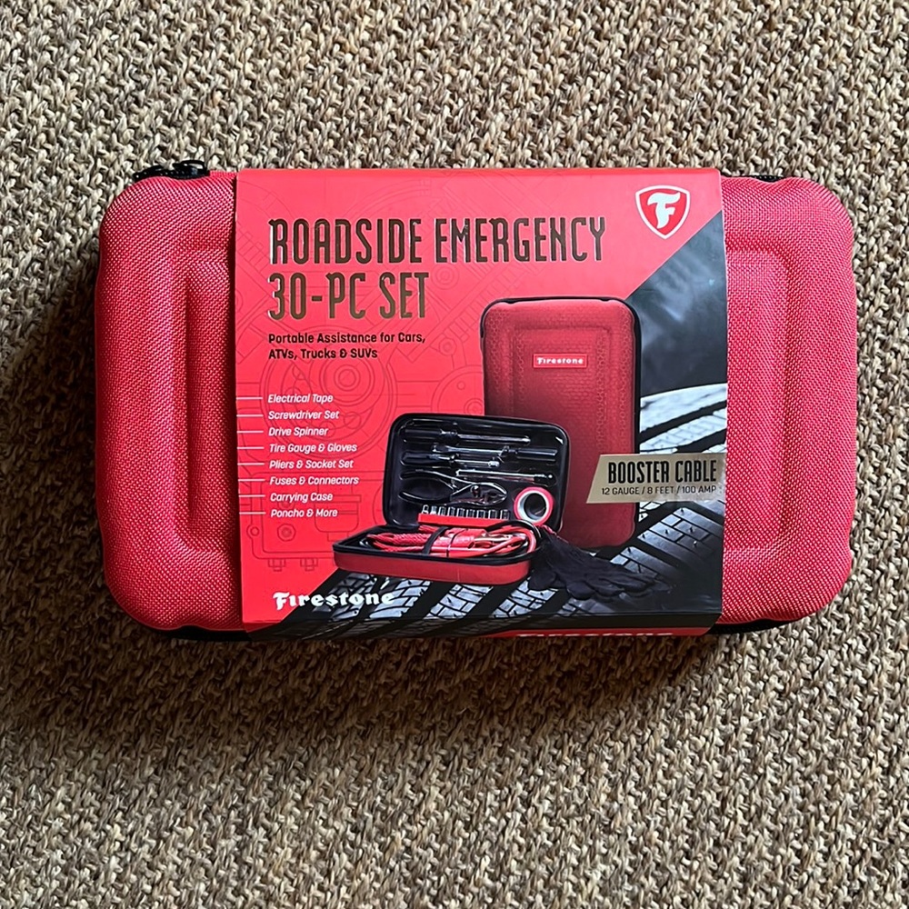 FIRESTONE Roadside Emergency 30-Pc Set JumperCables Fuses Tire Gauge Pliers NEW